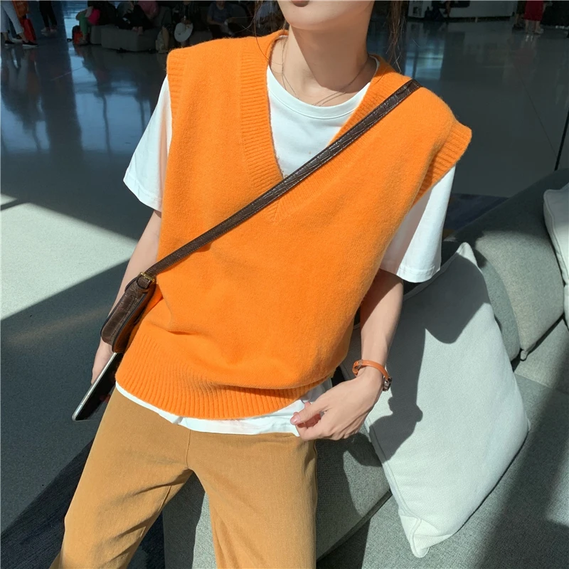 Loose Knitted Orange Vest Women's Autumn New Style V-neck Sleeveless Student Shoulder Pad Loose Sweater Korean Version