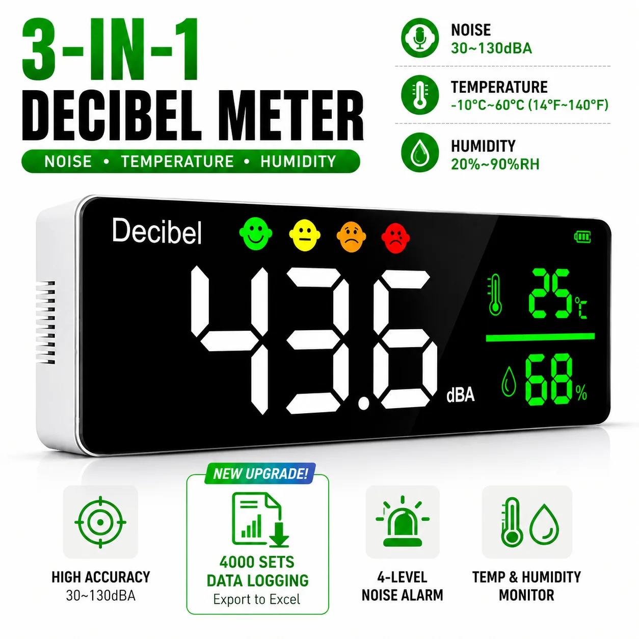 

3 in 1 Decibel Meter Wall Hanging Sound Level Meter 11'' Large LED Display Noise Meter 30-130dB SPL Meter with Time Temperature