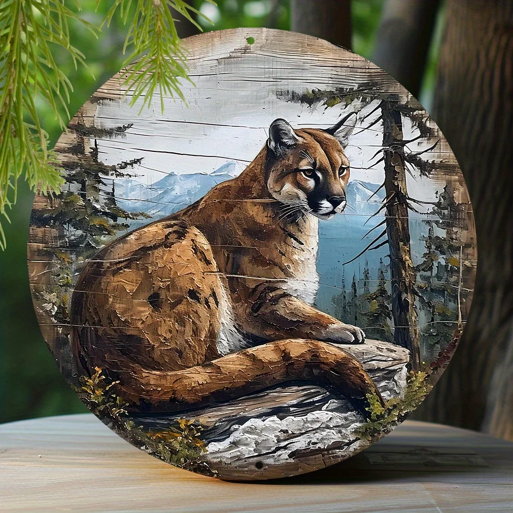 Spring Round Aluminum  Faux Wooden Carved Painted Circular Wreath Sign Kitchen Decoration Mothers Gifts Cougar Themed Decoration