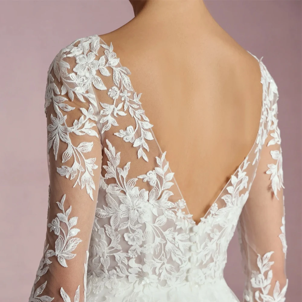 Элегантные свадебные платья с вырезом лодочкой и рукавами 3/4, трапециевидной формы, свадебные платья, индивидуальная аппликация, кружево с V-образным вырезом на спине, со шлейфом, Vestidos De Novia