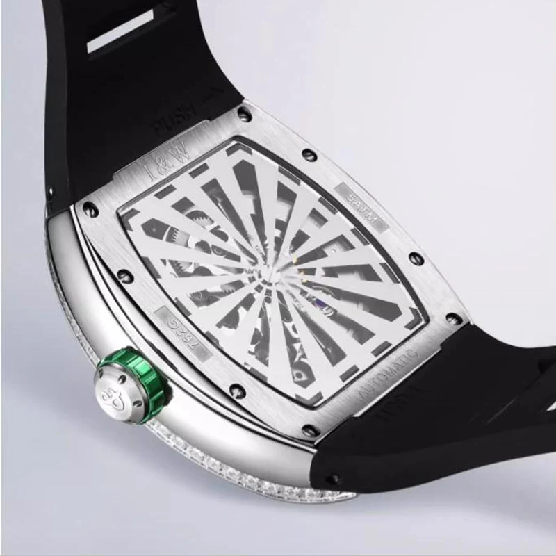 IW Fully Diamond Tonneau Case Automatic Watch for Men Rubber Strap Luxury Mechanical Man Wrist Watches relojes para hombres