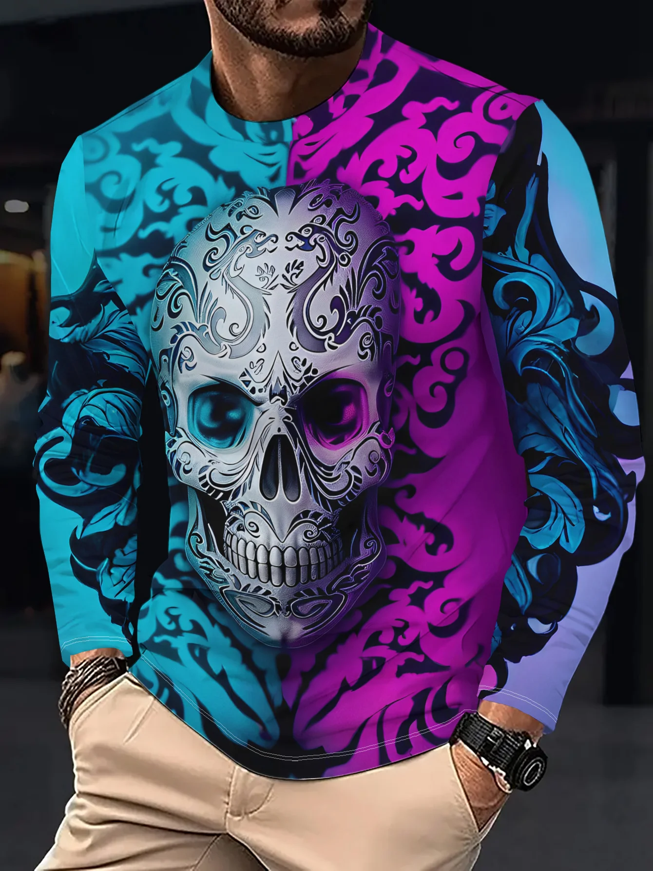 Men Halloween Cyan Purple Split‑Color Skull Graphic Long Sleeve T‑Shirt 3D Print Crew Neck Casual Pullover Streetwear Tops