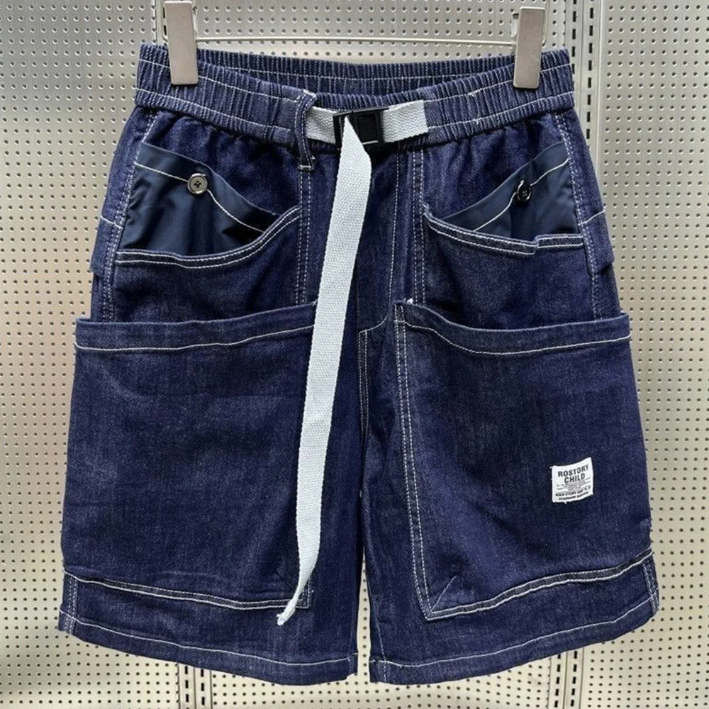 Summer Thin Large Pocket Workwear Denim Shorts Fashion Buckle Belt Trendy All-Match Loose Harem Y2k Shorts Mens Clothing