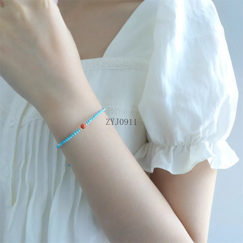 [أزرق] سوار من العقيق الفيروزي الأزرق الطبيعي، مجوهرات بمزاج أبيض للسيدات على الطراز الصيني متعدد الاستخدامات