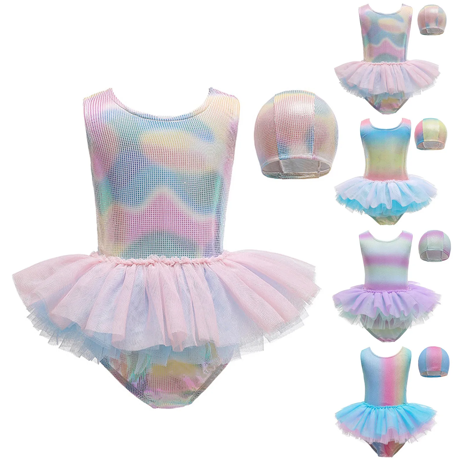

Toddler Girls One Piece Sweet Ballet Princess Swimsuit with Mesh Skirt Ruffled Swimwear Sun Protection Bathing Suit + Swim Caps