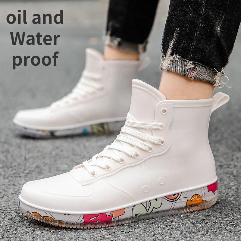 Cool All-match Rain Boots for Men Fashion Casual Waterproof Rain Shoes for Men Non-slip Oil-proof Couple Lace-up Rain Boots 2024