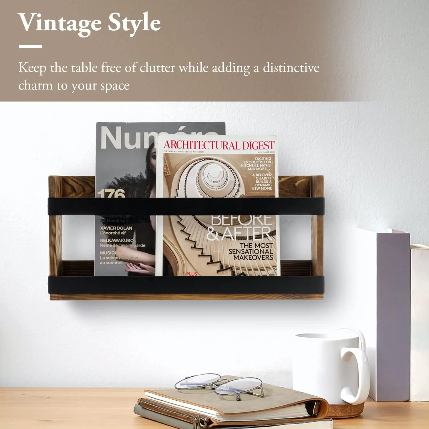 Rustic Wood and Metal Magazine Rack, Wall Mountable Double Wide Book Holder or Standing Organizer