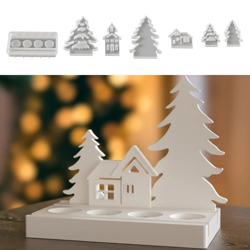 Christmas house insert board candle holder base resin silicone mold drip glue DIY Christmas tree insert home table