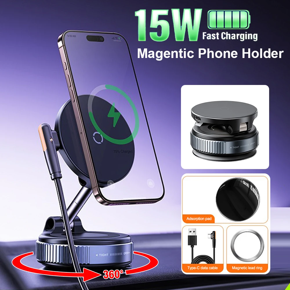 

Vacuum Adsorption Magnetic Phone Holder 360 Degree Rotating 15W Wireless Charger Desktop Windshield Sucker GPS Navigation Stand