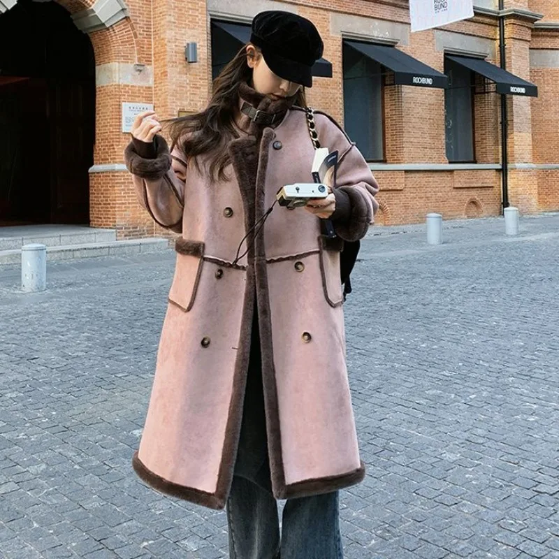Womens Lambskin Trench Coat Winter Warm Fleece-lined Thicken New Fur One-piece Deer Skin Overcoat Double-breasted Pockets Jacket
