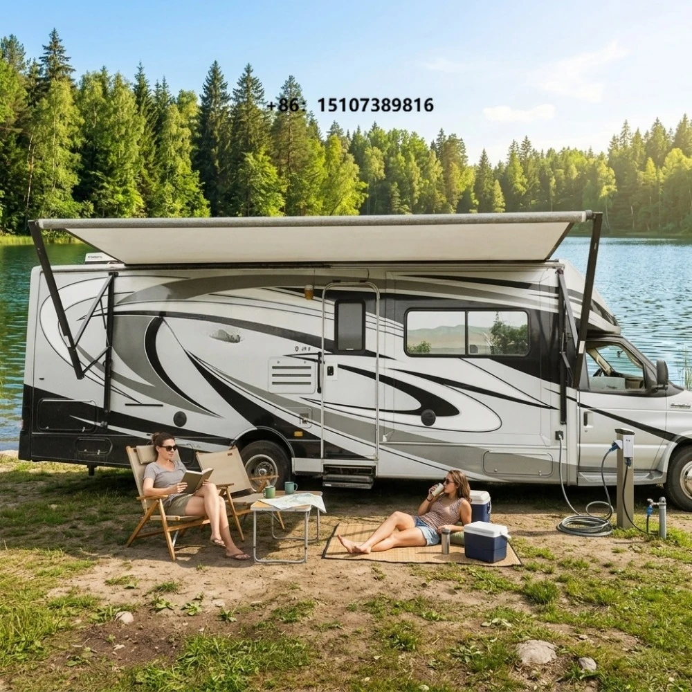 Retractable Aluminum Alloy Motorized RV Awning with 12V Motor Exterior Accessory for Bus 6M Black Roll Out Awning