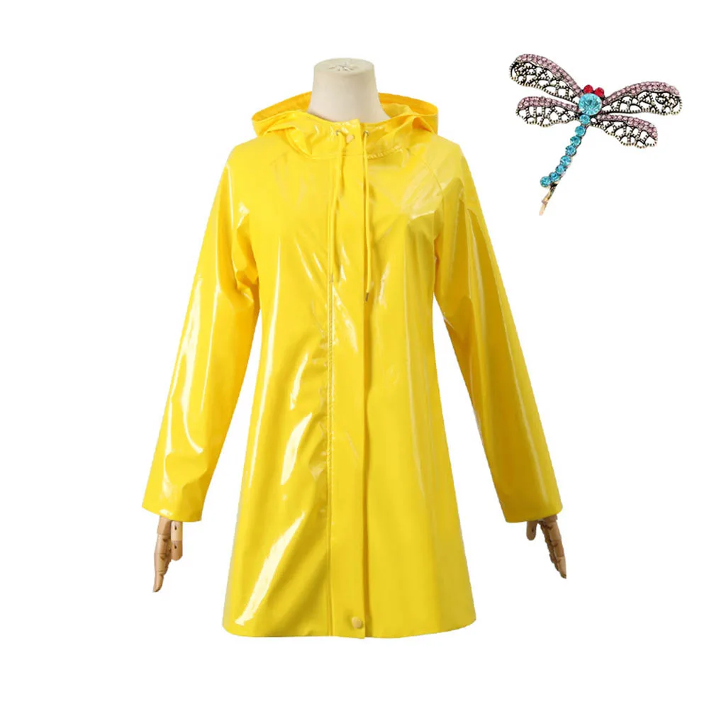 Horror Movies Coraline Cosplay Costume Yellow Coat Secret Door Adult Size Halloween Party Scary Roleplay Suit Costume Headwear