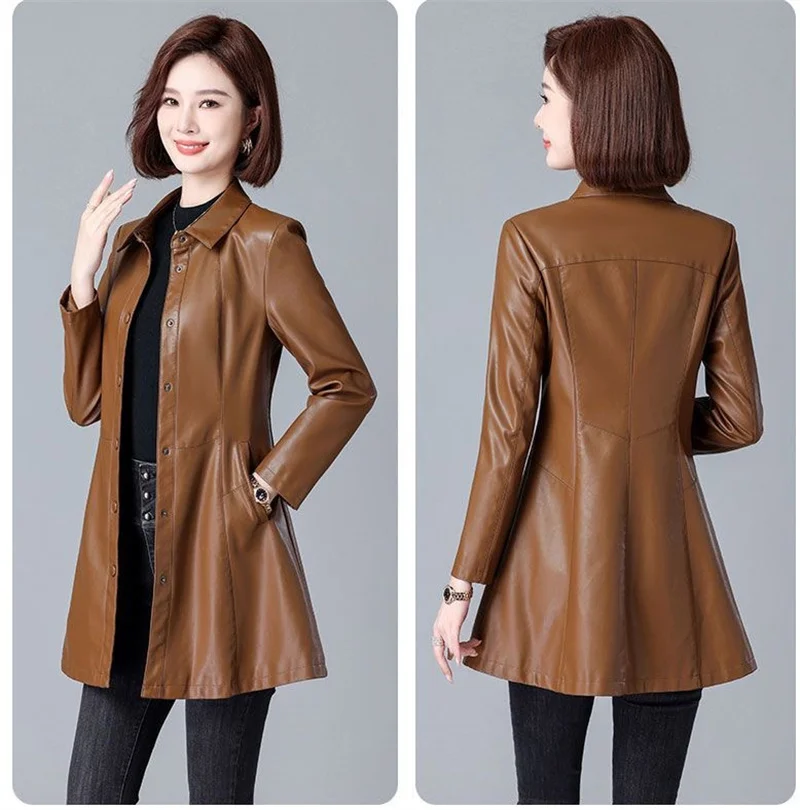여성 가죽 양피 트렌치 코트 가을 겨울 패션 턴 다운 칼라 버튼 슬림 중간 길이 가죽 자켓 스플릿 가죽
