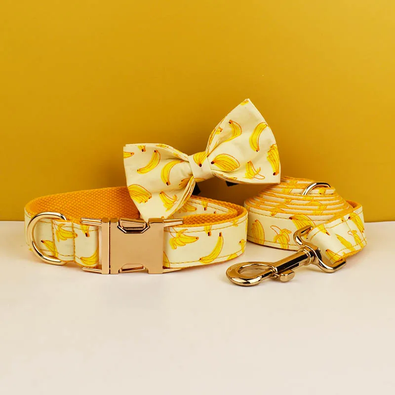 Hot Selling Custom Design Logo Sublimation Soft Cotton Banana Printing Pet Accessories Dog Collar Leashes Harness Bow Fruit 02