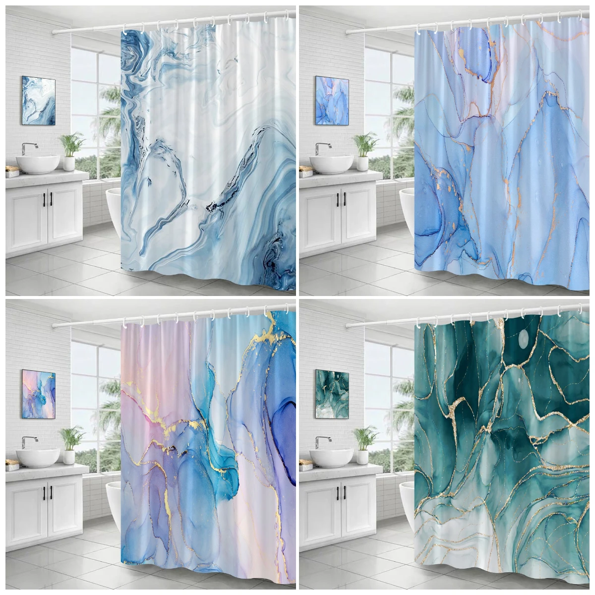 

Abstract Blue Marble Shower Curtains Ink Art Textured Pattern Modern Polyester Fabric Home Bathroom Curtain Decor Set With Hooks