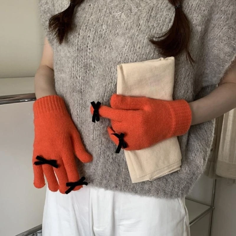 Q5WE Winter Glove with Small Bowknot Decor Adult Knit Warm Glove for Outdoor Cycling
