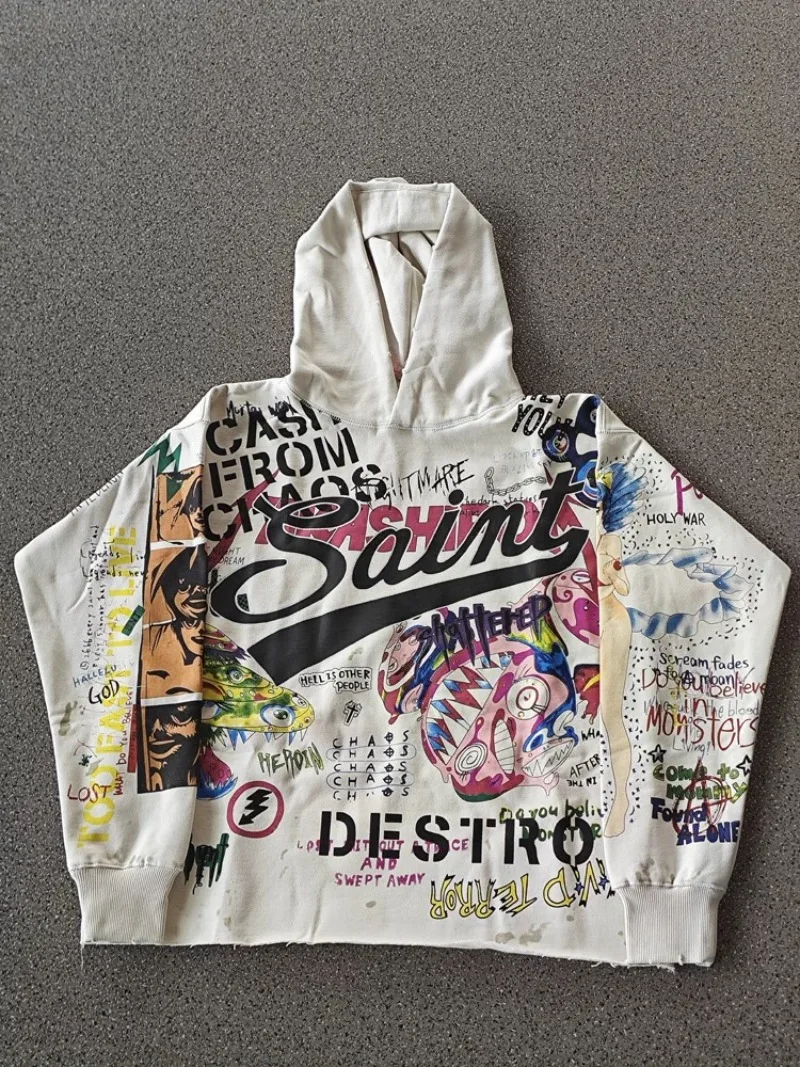 

24ss Washed White Saint Michael Hip Hop Hoodies Men Women 1:1 Best Quality Graffiti Printing Hooded Pullovers Tracksuit Set