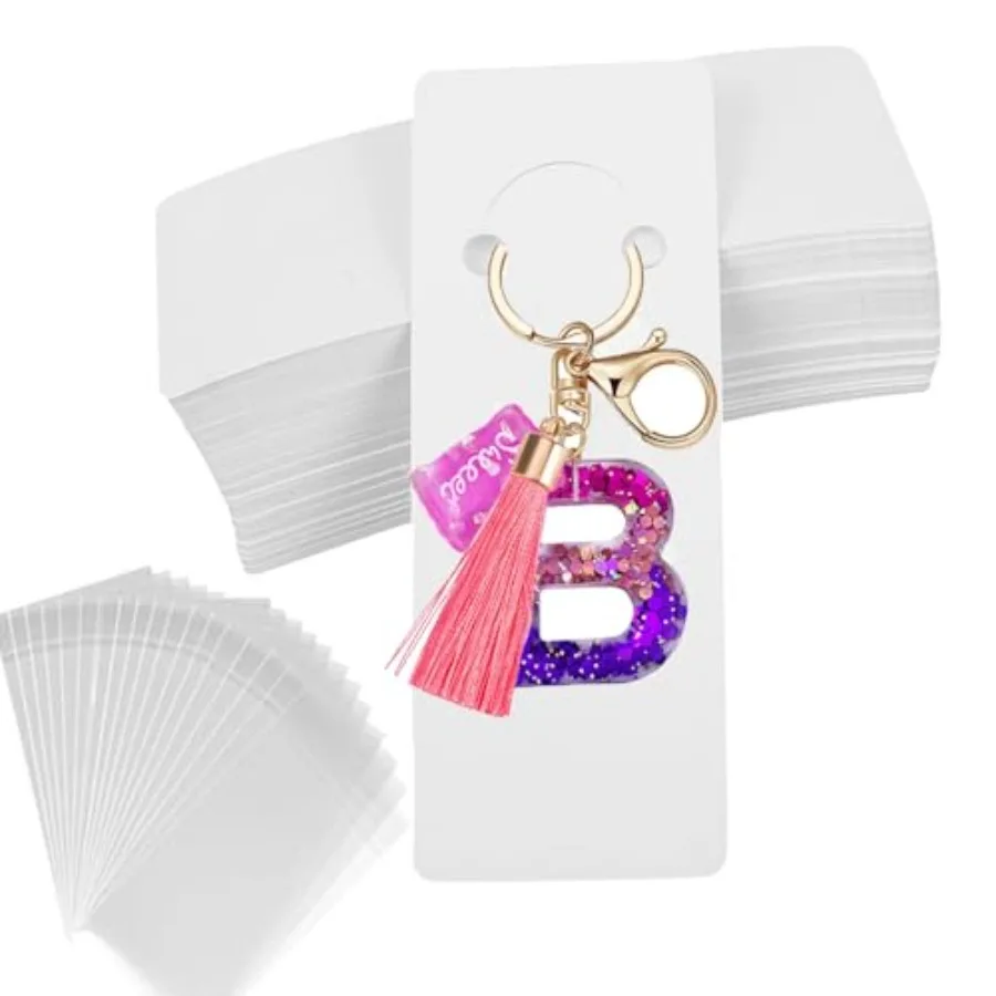 

120 Set Keychain Display Card with Self-Sealing Bags, Keychain Packaging Keyring Jewelry Holder Display White 5.9X2inch
