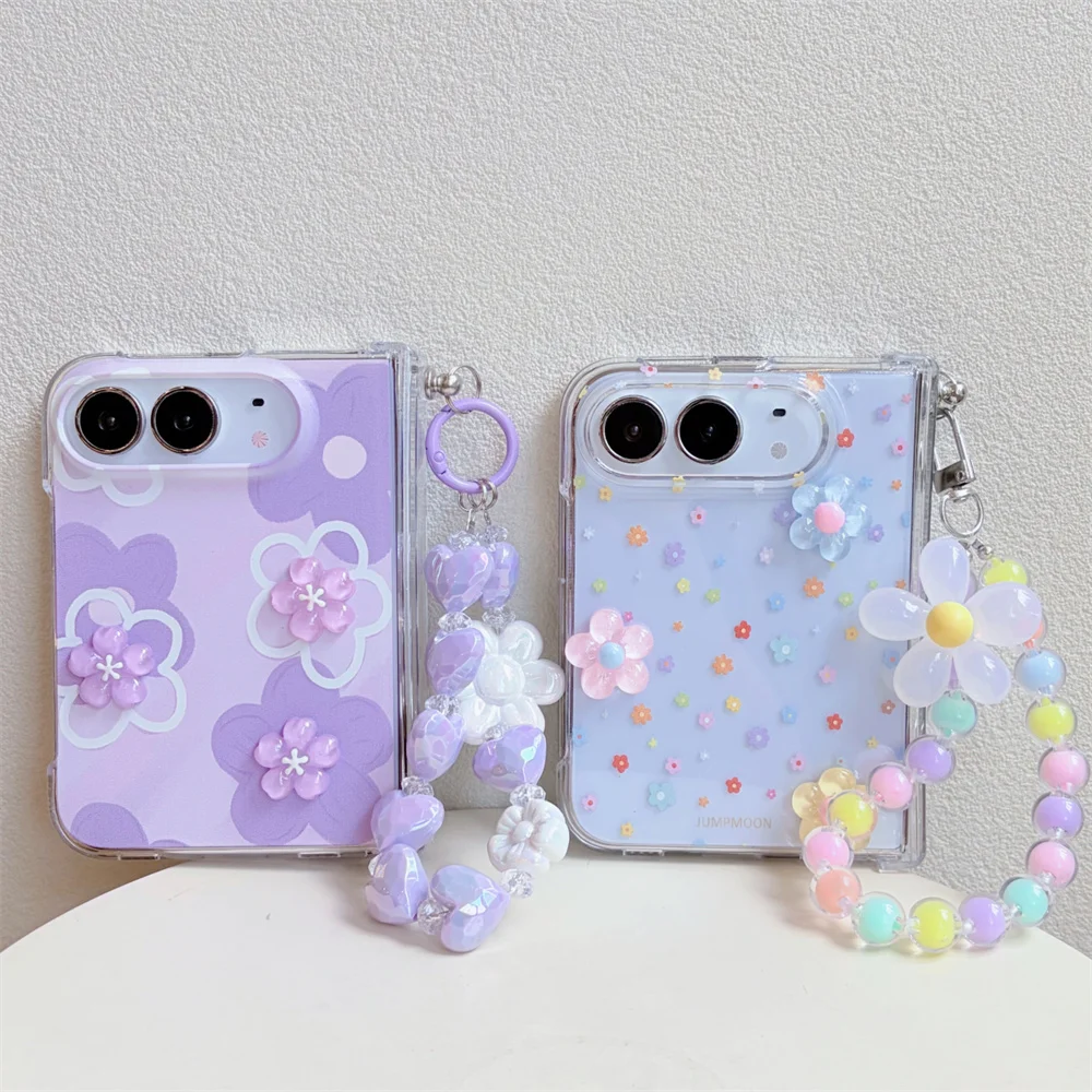 Cute 3D Flower Decor Cases Phone Case For iPhone Duo with Colorful Macaron Beaded Chain Wrist Lanyard Daisy Charm Phone Cover