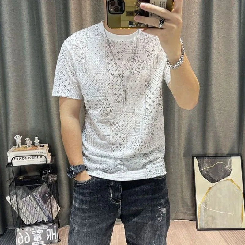 Korean Thin Style 2024 Summer New Men\'s Pullovers Crew Neck Printed All-match Fashionable Slim Short Sleeve T-shirt Tops