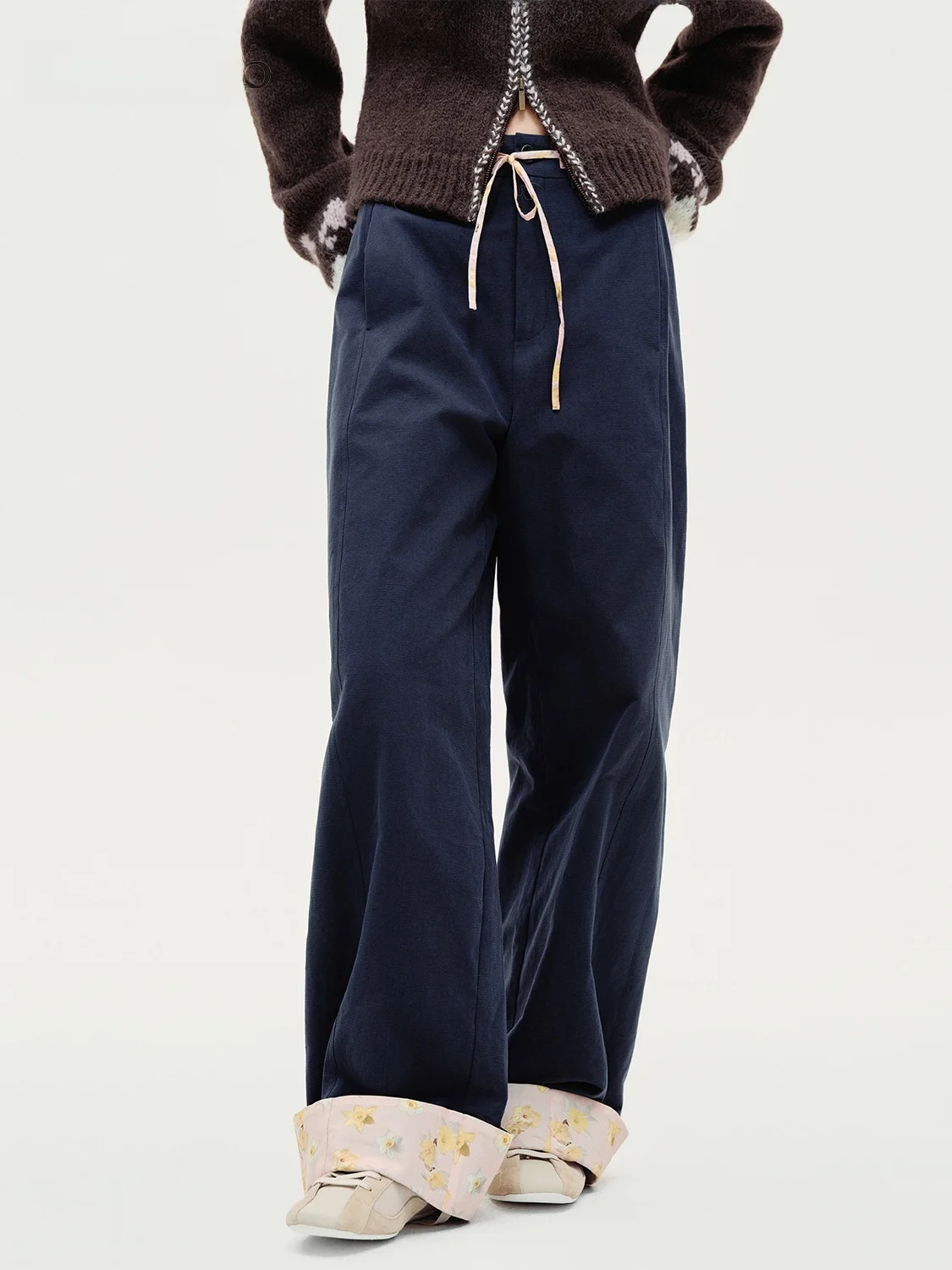 

Брюки Me Siento Casual с широкими штанинами, завышенной талией на шнурке, из смесового хлопка, весна 2026, с принтом, с манжетами, повседневные, для женщин