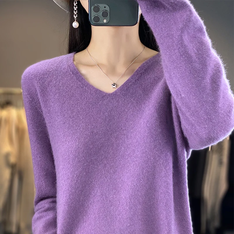 100% Pure Wool Cashmere Sweater Women's Pullover Autumn /Winter New V-neck Long-sleeve Knit Top For Female Jacket Korean Fashion