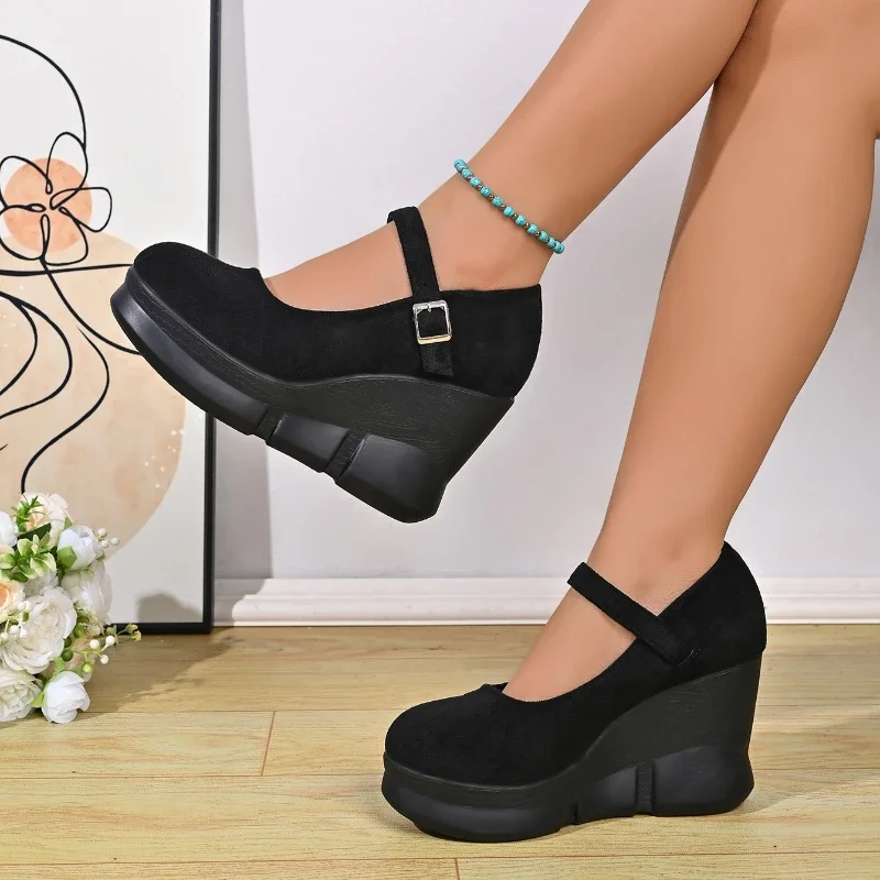 *Elegant Black Suede Wedge Heel Women's Shoes Newly Arrived Comfortable Round Toe Fashionable Waterproof Platform High Heels