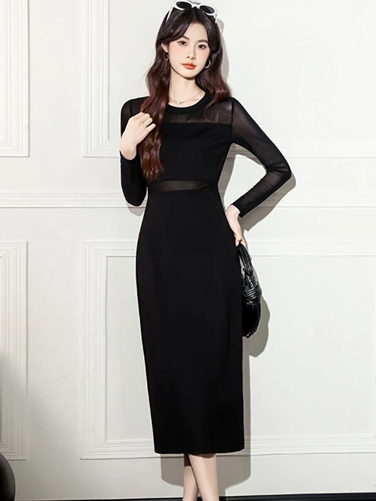 Outono inverno preto retalhos malha pura sexy vestido longo feminino elegante bodycon vestido 2025 coreano vintage bodycon vestidos de luxo
