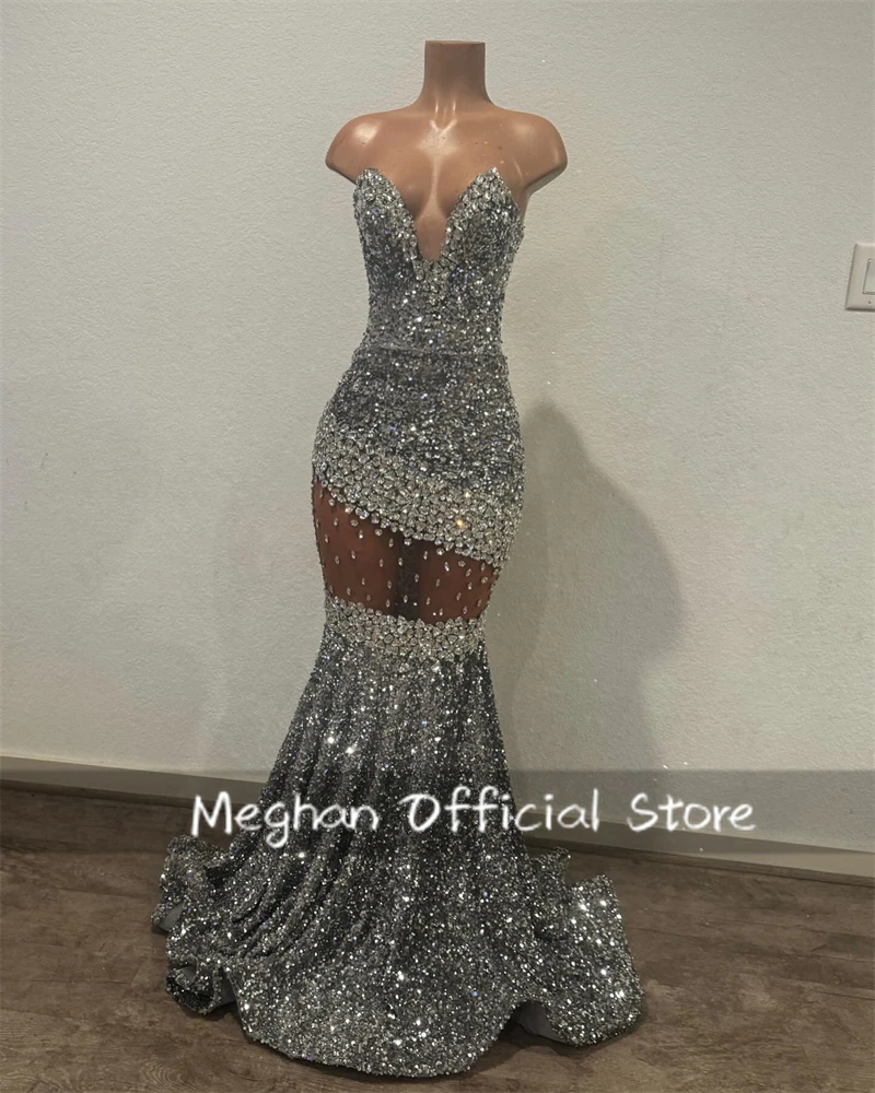 Silver Sweetheart Long Prom Dresses Black Girl Bead Crystal Rhinestone 2024 Birthday Luxury Dress Sequin Formal Gown Customized