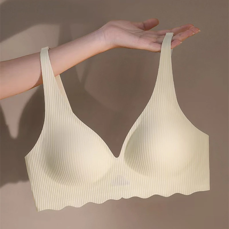 Seamless Women\'s Bra Small Chest Big Hollow Design Underwear Support Non-removable Semi-fixed Cup One Piece Striped Thin Bra