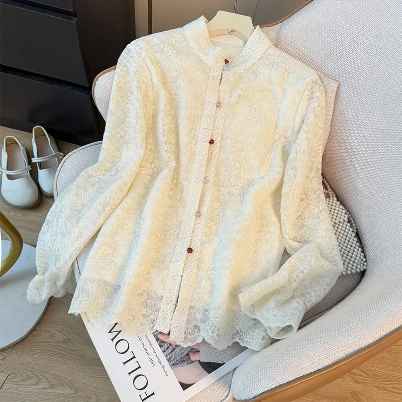 

Женская рубашка с вышивкой цветов, весна 2026, новая повседневная свободная куртка на одной пуговице в китайском стиле, красивая, с воротником-стойкой