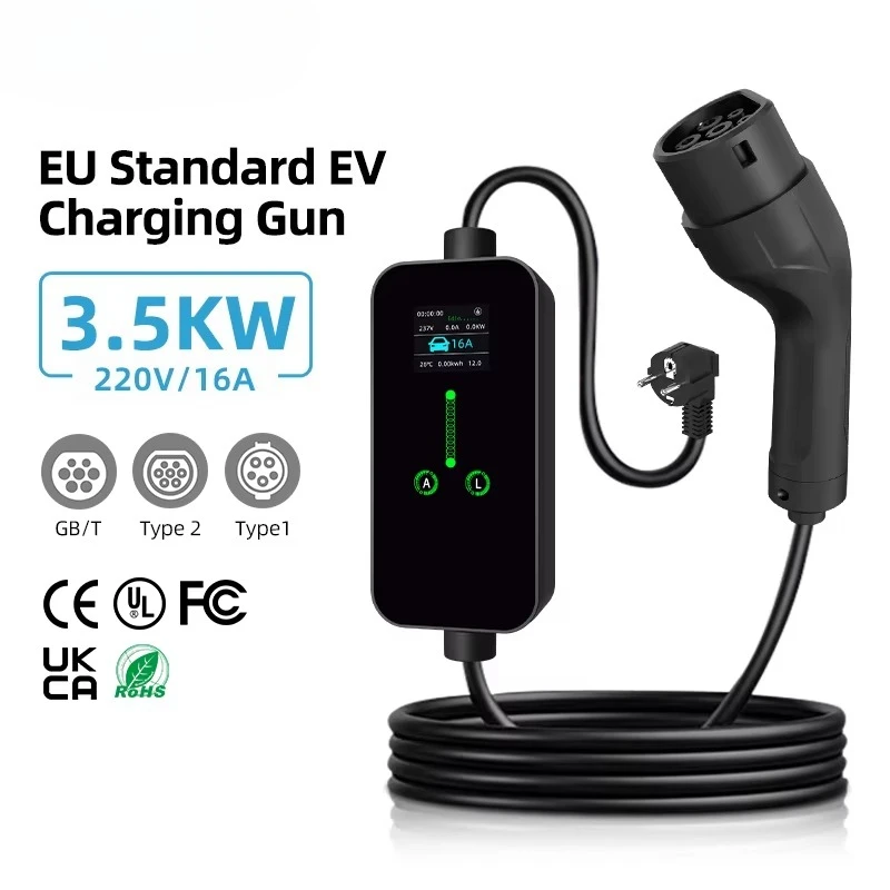 3.5KW Portable Home EV Charger 16A Type 2 7-pin Adjustable Scheduled Charger Smart LCD IP66 for EV Cars