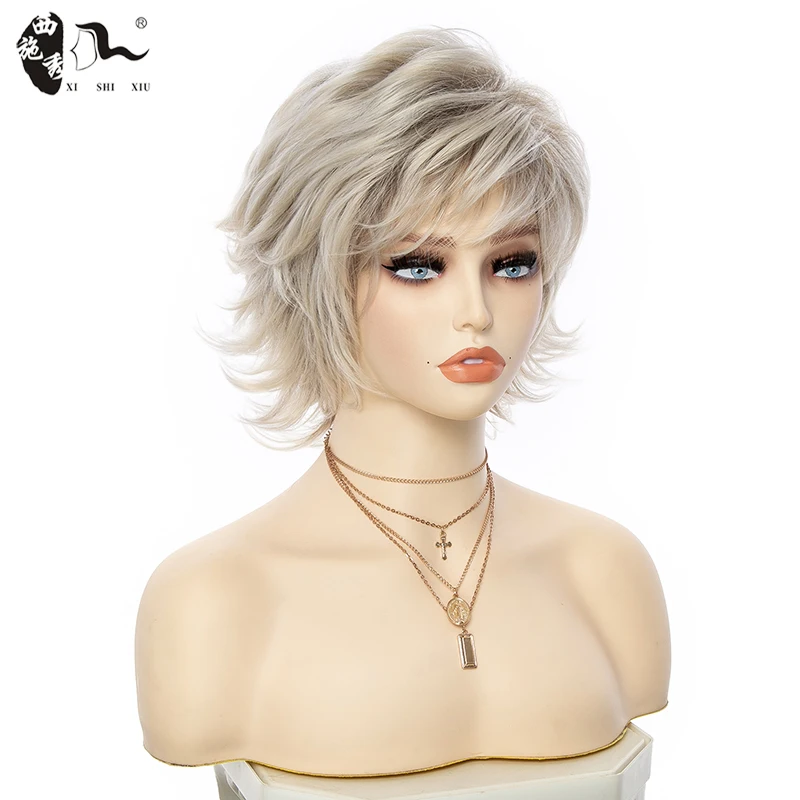 Mixed Blonde Short Natural Hair Synthetic Wig For Women Wavy Femail Hair Wig With Bangs High Temperature Daily Cosplay Daily Wig