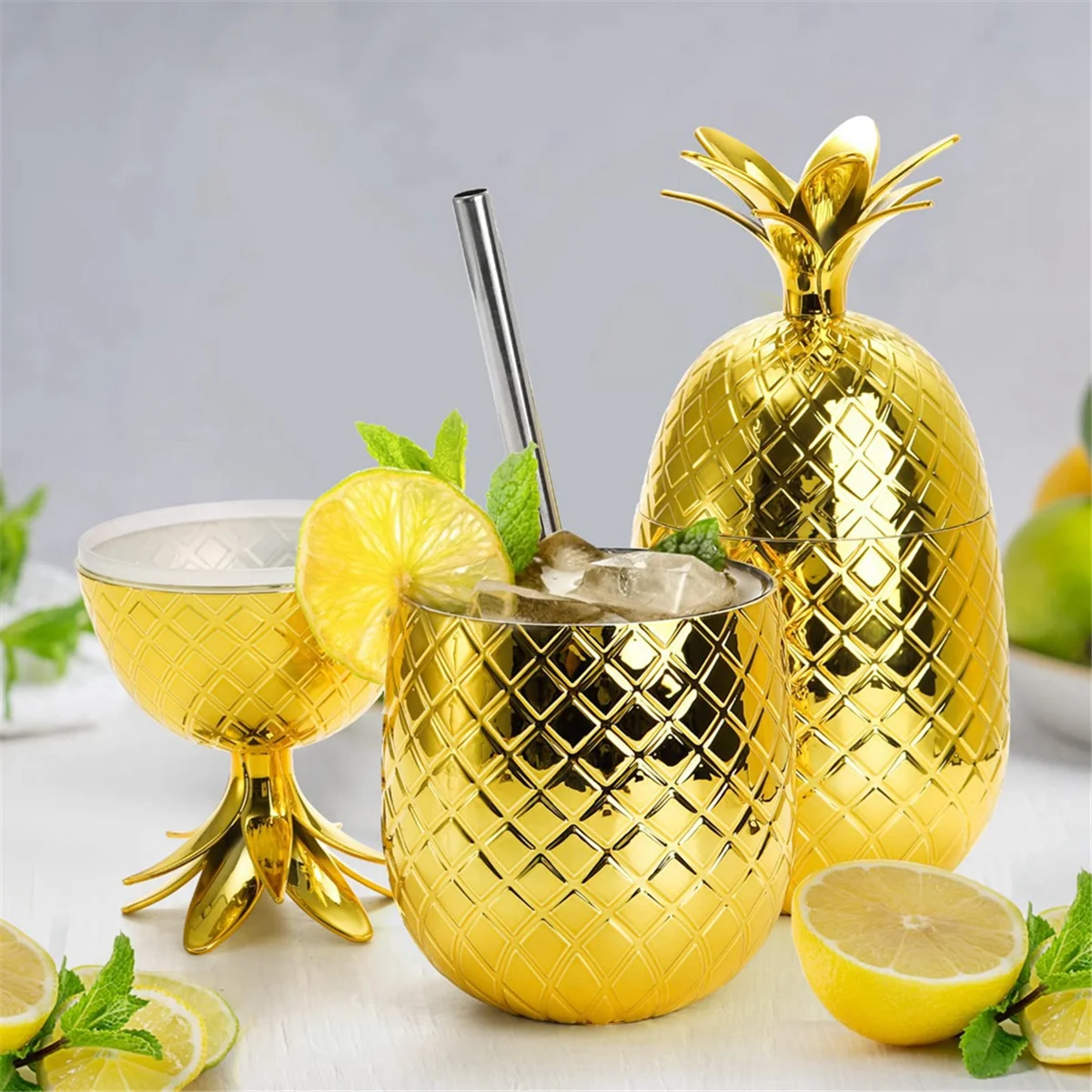 2 Pack Pineapples Drink Cups, 450Ml Gold Pineapples Tumbler with Stretched Straw, Hawaiian Luau Cups
