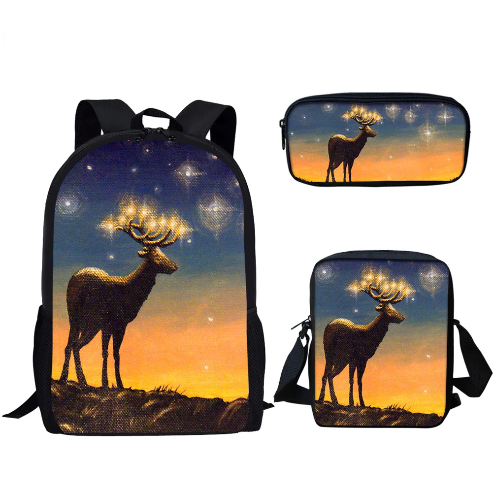 Cool Wild Animal Deer Pattern 3 pcs/Set, mochila con estampado 3D, bolso de hombro para ordenador portátil, estuche para lápices