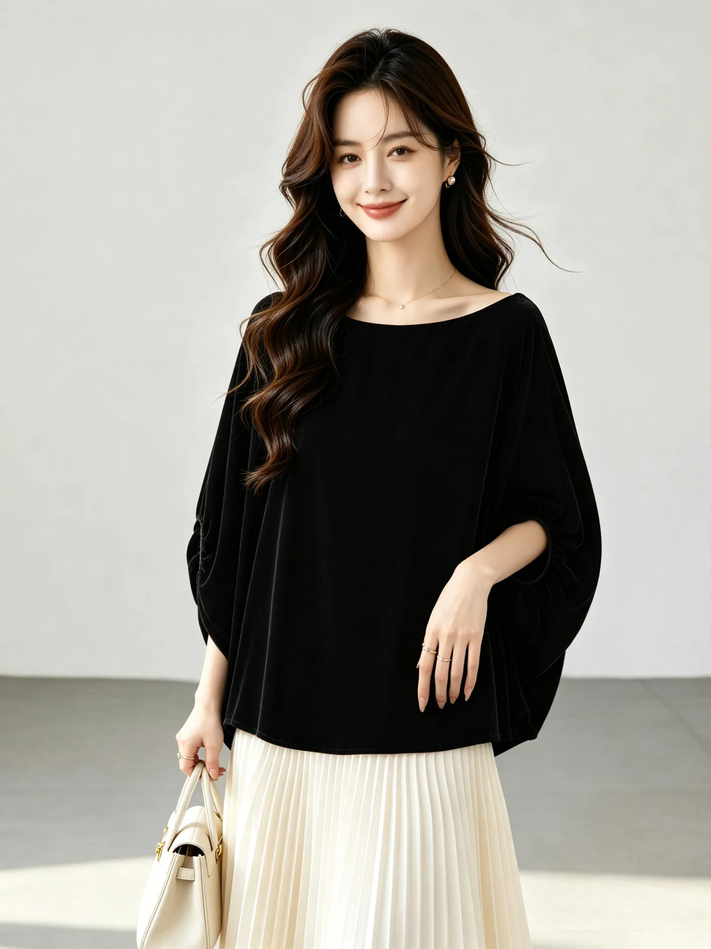 Winsleter-Silk Velvet Elegant T-Shirt, Slash Neck Batwing Sleeve, Women Temperament Commute Loose Top, 2026 Autumn New T69367CC
