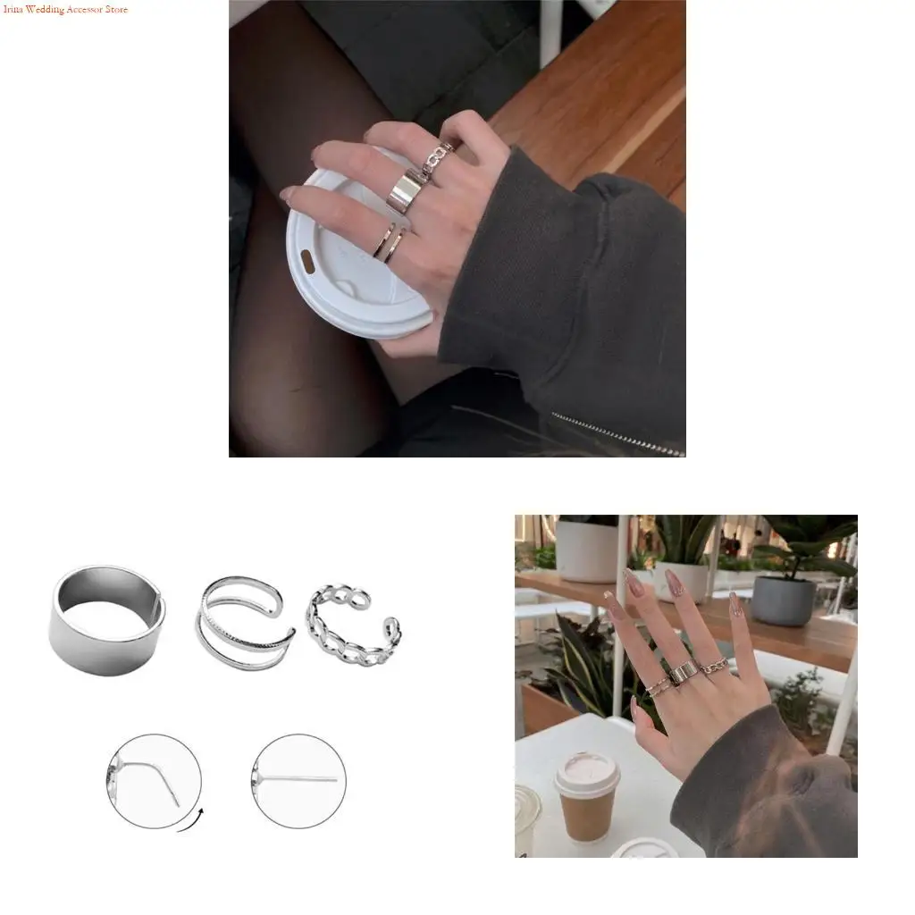 G92D 3pcs/Set Silver for Titanium Steel Ring Opening Adjustable Ring Stacking Ring Fe