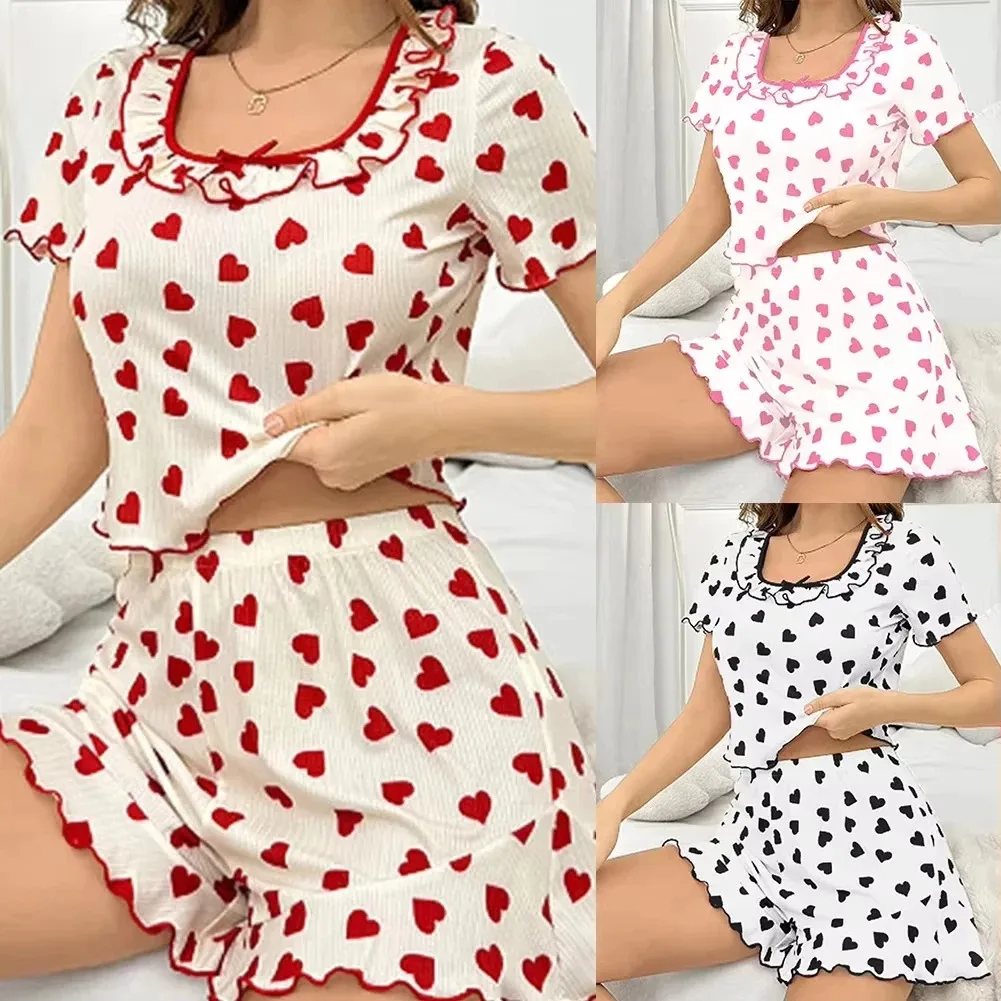 

Women's new pajamas with love print set summer sweet square neck short sleeved shorts home clothes T-shirt hot selling item
