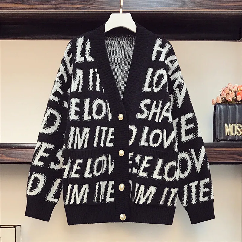 

2023 New Thickened Cute Cartoon Embroidery Winter Knitted Letter Cardigan Sweater Coat V-neck Cardigan Women's Jacket Dropship