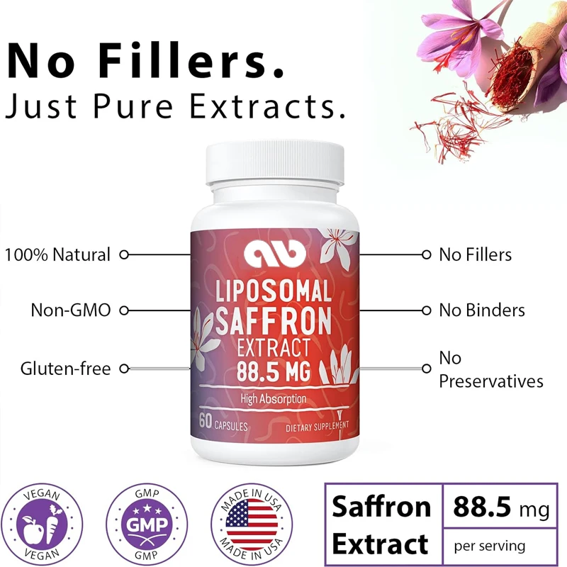 

Liposomal saffron supplement -100% pure saffron extract 88.5 milligrams, better bioavailability -60 vegetarian capsules