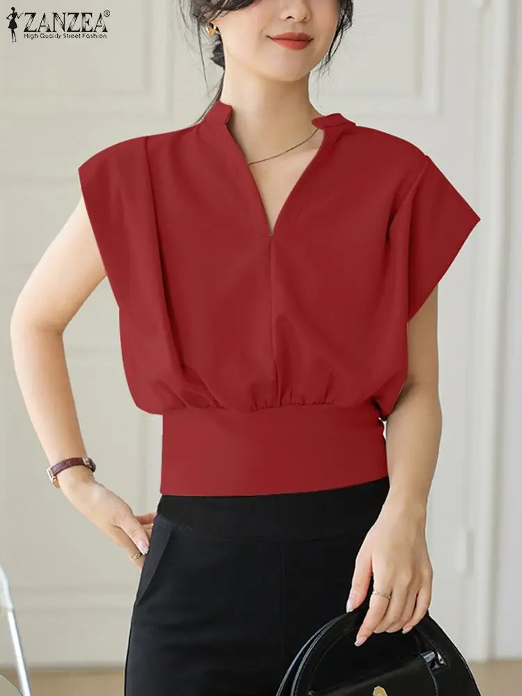 ZANZEA Elegant V Neck Short Sleeve OL Work Blouse Summer Women Shirt 2024 Fashion Casual Slim Tops Office Lady Blusas Chemise