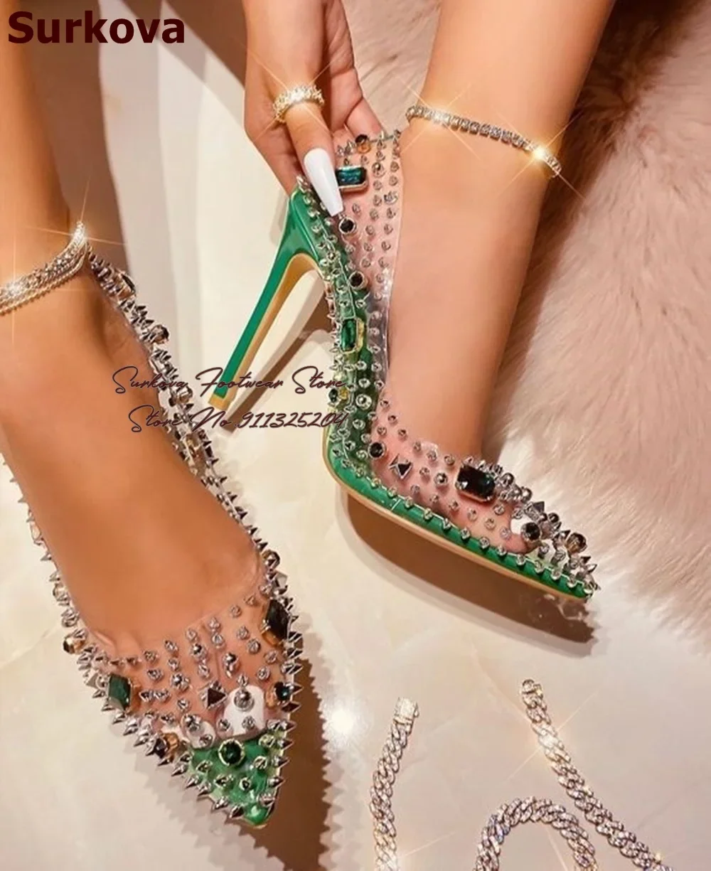 

Surkova Transparent PVC Glittering Crystal Wedding Shoes Big Gem Beaded Dress Pumps Rivets Shinning Rhinestone Party Shoes
