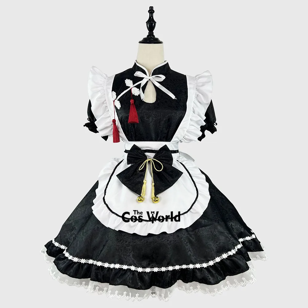 S-5XL Japanese Lolita Chinoiserie Cheongsam Apron Maidservant Maid Restaurant Dress Uniform Outfits Anime Cosplay Costume