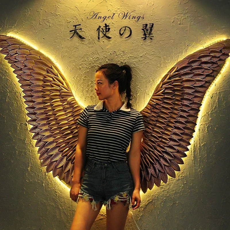 Large Metal Angel Wings with LED Lights Vintage Ancient Iron Retro Wings Wall Decoration Bar Cafe Wall Home Decor Accessories