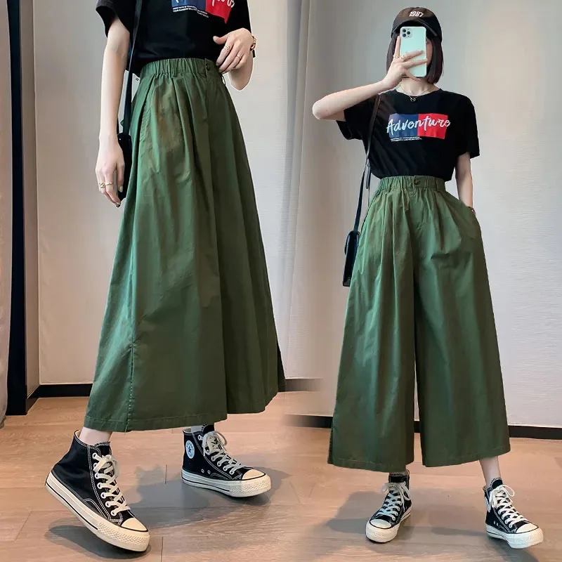 Solid Color Baggy Wide Leg Trousers Female Summer Thin Casual Ankle Length Pants Woman Harajuku Loose High Waist Straight Pants