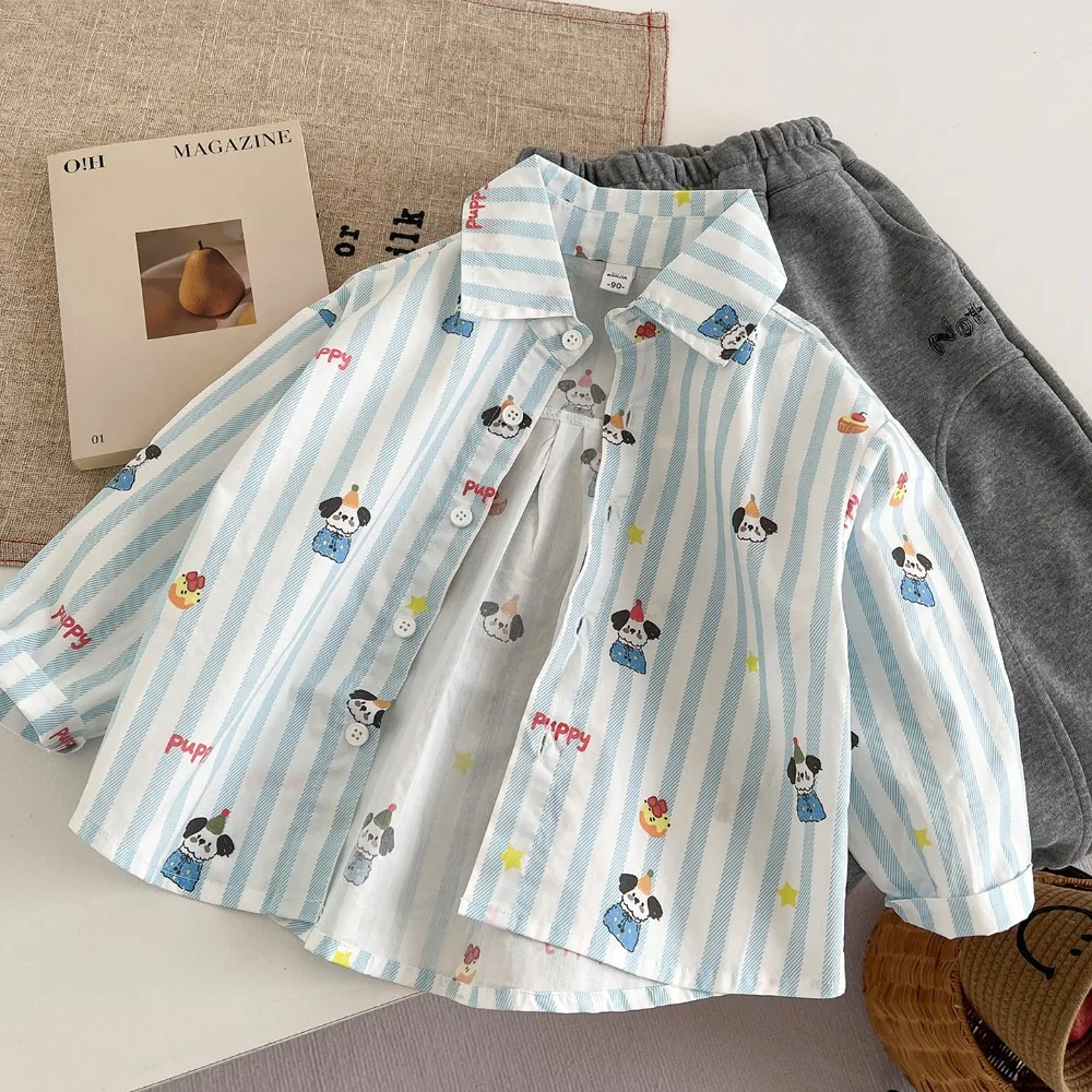 Kids Casual Shirt Autumn Korean Style Blue Stripes Digital Print Toddler Baby Boys Top Outerwear Long Sleeve