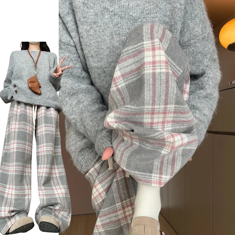 핑크색 레이지 울 체크 팬츠 여성용 가을 겨울 신상 하이웨이스트 드레이프 루즈 캐주얼 와이드 레그 팬츠 스트레이트 컷 엘라스틱...