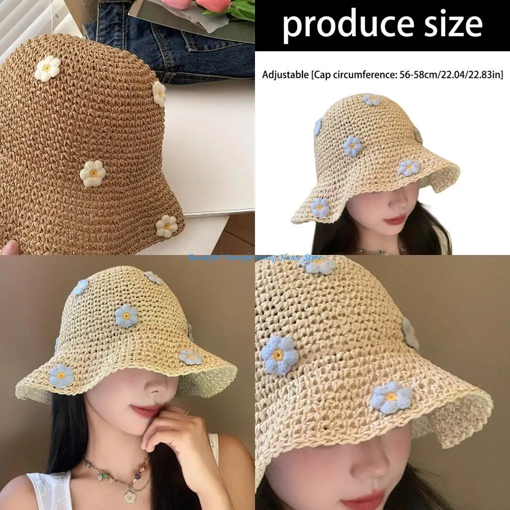 

E56A Elegant Floral Embellished Breathable Bucket Hat For Women Summer Beach Travel Lightweight Foldable Sun Wide Brimmed