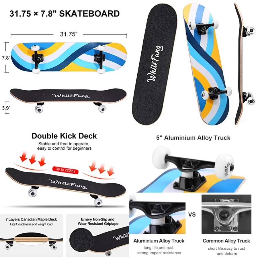 

Skateboards for Beginners, Complete Skateboard 31 x 7.88, 7 Layer Canadian Maple Double Kick Concave Standard and Tricks Skateb
