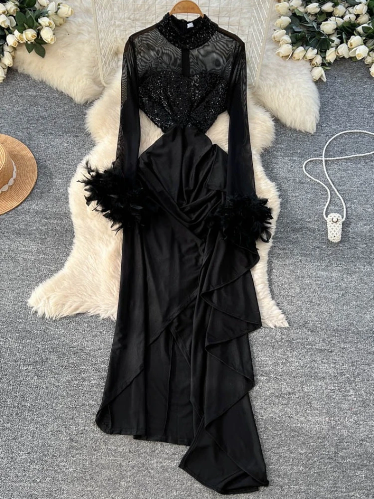 French Elegant Luxury Satin Sequin Dress for Women Feather-Sleeve Patchwork Long Sleeve Slim Ruffle Hem Vintage Casual Dresss